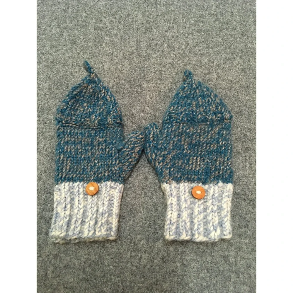 Handmade Convertible Mittens Kids Ages 4-8 Blue 100% Wool Flip Top Gloves